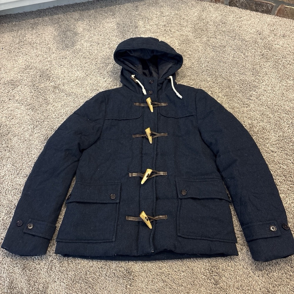 American Eagle Wool Blend Toggle Zip Down Hooded Coat Womens Small Tweed Preppy